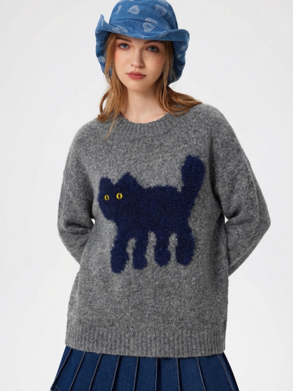 Cider Wool-Blend Round Neckline Cat Knitted Long Sleeve Sweater Gray size Small